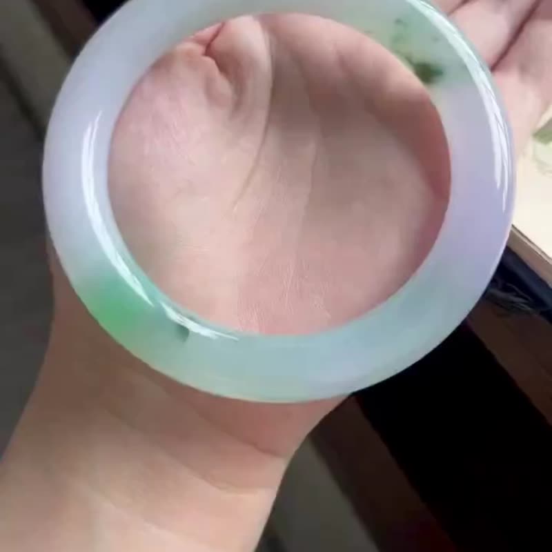 冰种翡翠天然翡翠玉镯A玉手镯 玉鈪 • 冰种春带彩翡翠圆镯 - 手链/手环 - 玉石 紫色