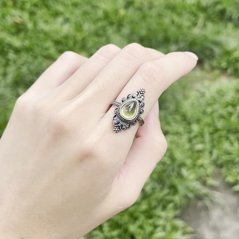 喜迎瑶 925银 葡萄石 水晶 活口 戒指 手工银饰 复古风 民族风 - 戒指 - 贝壳 银色