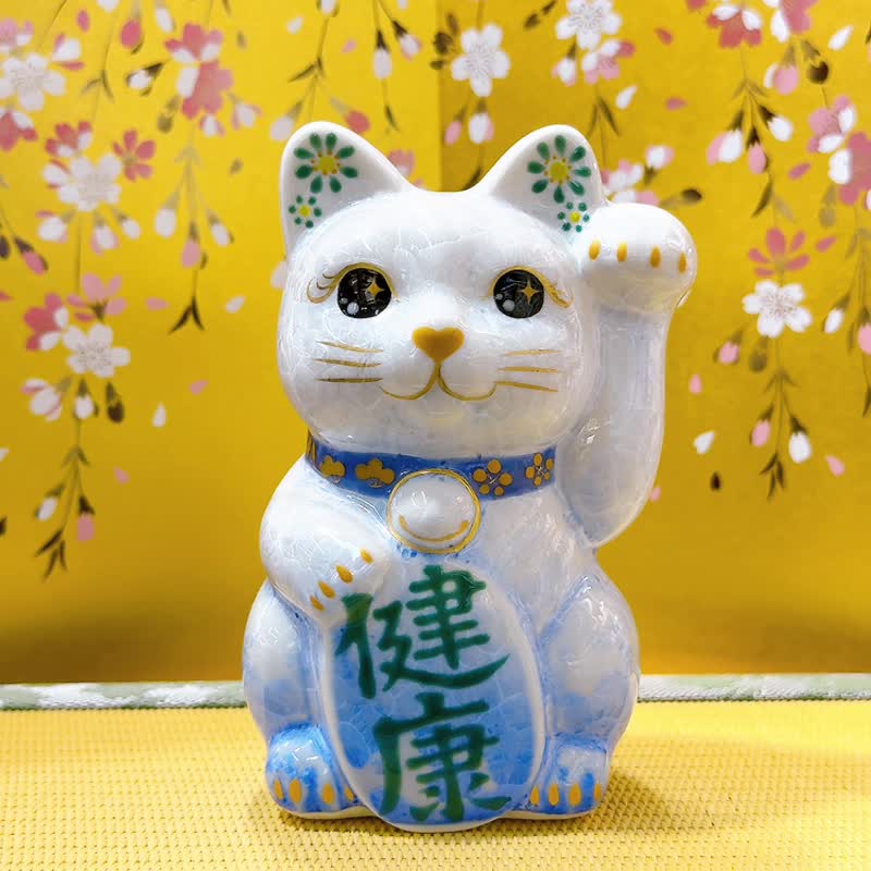 【翠映吉晴】日本清水烧招财猫 | 花结晶 青白 - 健康 左 - 摆饰 - 瓷 白色