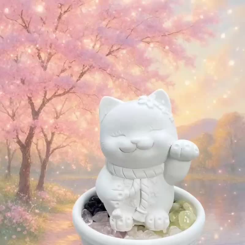 花耳招财猫 五行水晶扩香小盘套组  禅风疗愈设计 赠5ML精油香氛 - 香薰/精油/线香 - 水泥 白色