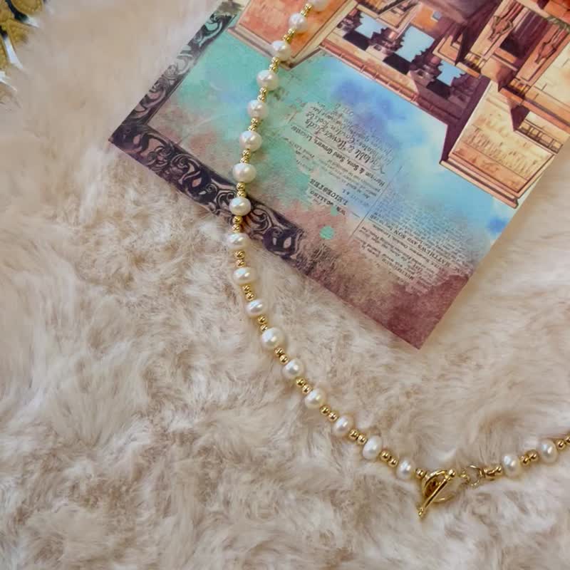 OT扣扁型天然淡水珍珠项链 - 项链 - 铜/黄铜 白色