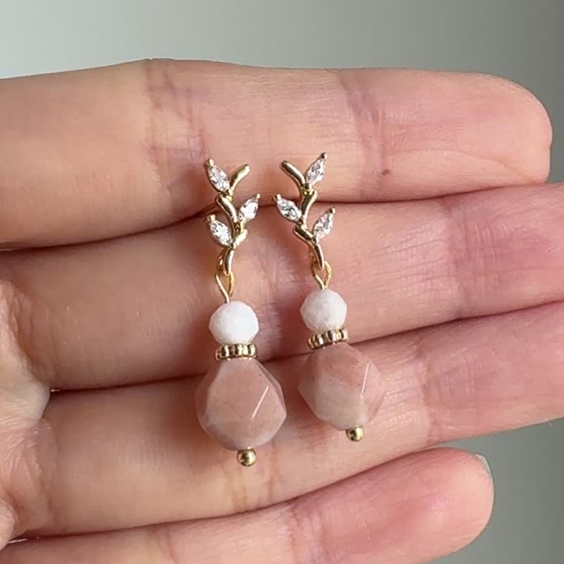 橙月光石 锆石橄榄叶 天然石 925银镀金耳环 姊妹 生日礼物 - 耳环/耳夹 - 半宝石 橘色