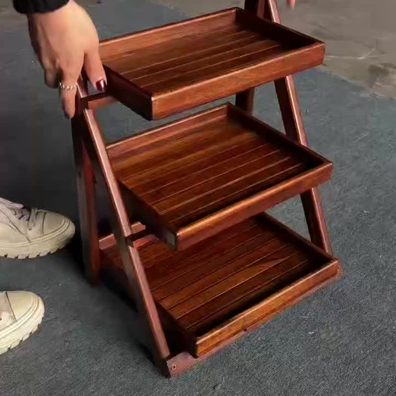 【折叠式阶梯架】- 手作质感 / 柚木色三层收纳展示架 - 置物架/篮子 - 木头 