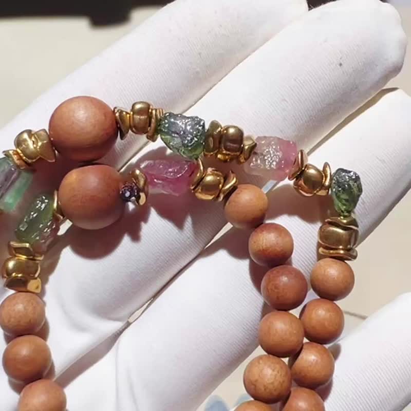 纯手工设计制作印度进口野生老山檀碧玺两圈手链 - 手链/手环 - 宝石 多色