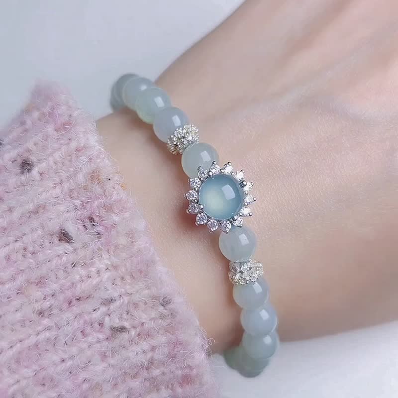 财水|天空缅蓝|缅甸A货翡翠冰天空蓝珠纯银蓝胶蛋面万用台手串 - 手链/手环 - 玉石 