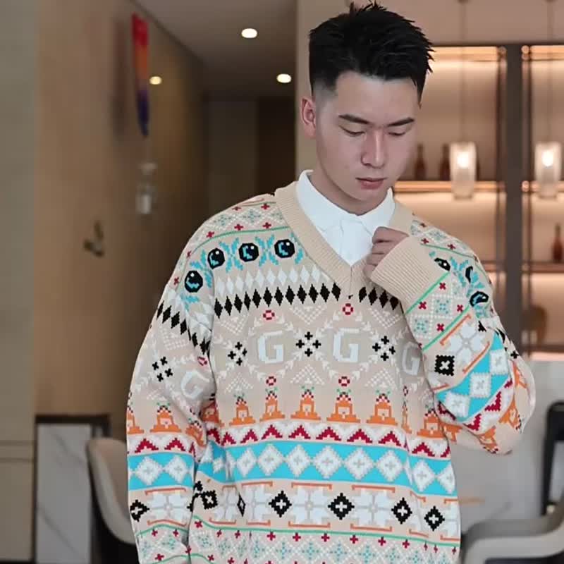 男士费尔岛拼色V领毛衣  七巧板圣诞情侣针织衫女 - 男装针织衫/毛衣 - 棉 