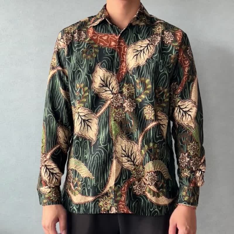 印尼蜡染几何织纹长袖衬衫 SATRIA - 绿纹黄叶 - SAT003 - 男装衬衫 - 其他材质 绿色