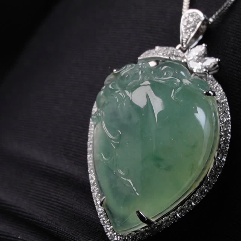 冰种飘蓝花翡翠福瓜项链 18K 金钻石 | 天然缅甸玉翡翠 A 货 | 送礼 - 项链 - 玉石 多色