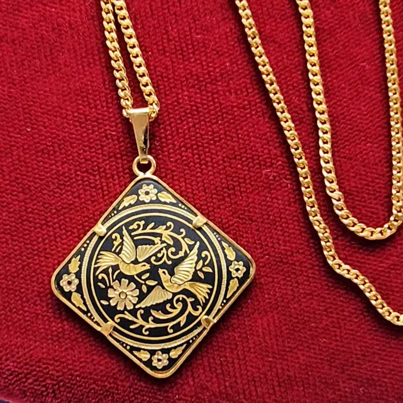 西班牙大马士革工艺花羽叶卷爱情鸟项链/美国西洋古董饰品 - 项链 - 其他金属 