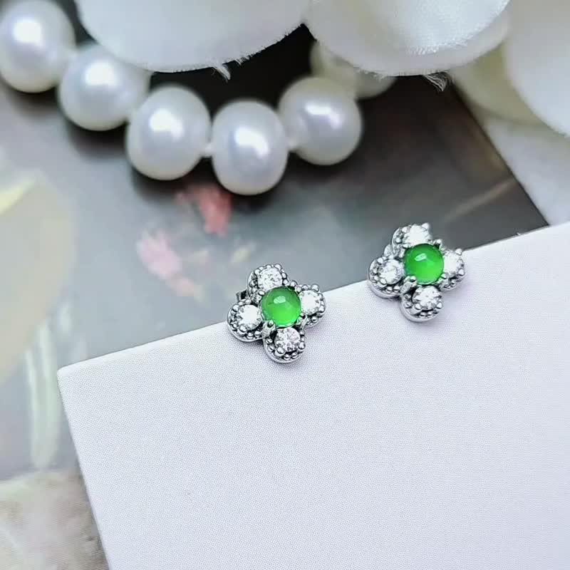 |小幸运|A货翡翠冰玻绿蛋面纯银镀18k精致四叶草耳环 - 耳环/耳夹 - 玉石 