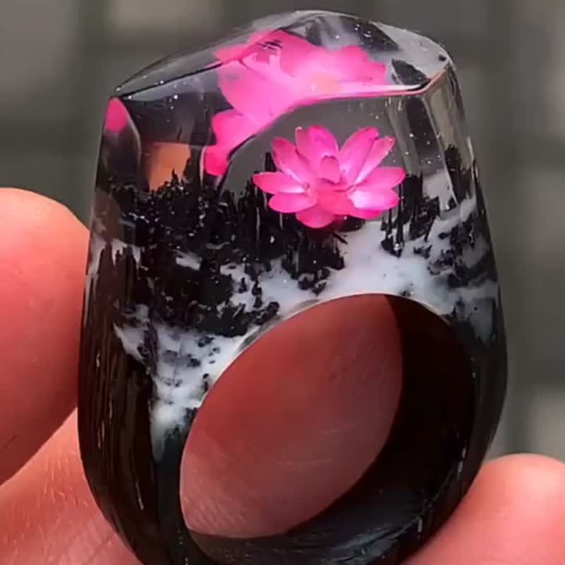 高领之花、手工树脂木头戒指、干燥花、夜光饰品、定制刻字、永生 - 戒指 - 树脂 粉红色
