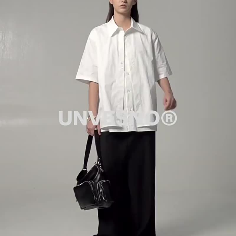 Unvesno (UN) 假两件双层叠穿基础纯色刺绣衬衫短袖百搭 CT-2198 - 男装衬衫 - 棉 蓝色