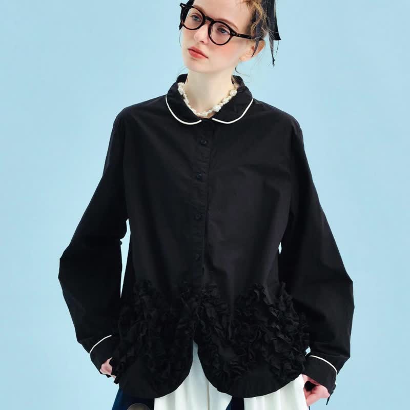 黑色纯棉蕾丝花边日系衬衫 - 女装衬衫 - 棉．麻 黑色