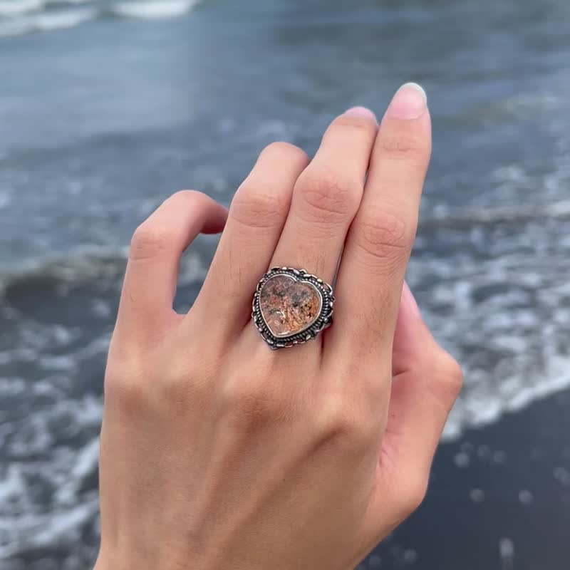 喜迎瑶 925银 幽灵石 爱心戒指 天然石 戒指 异象水晶 复古风 - 戒指 - 水晶 银色