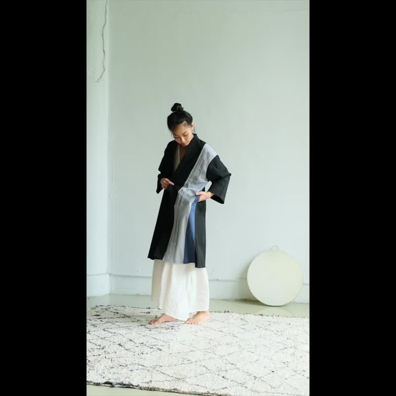 百褶拼接长罩衫 / 亚麻 米白 - 女装休闲/机能外套 - 棉 白色