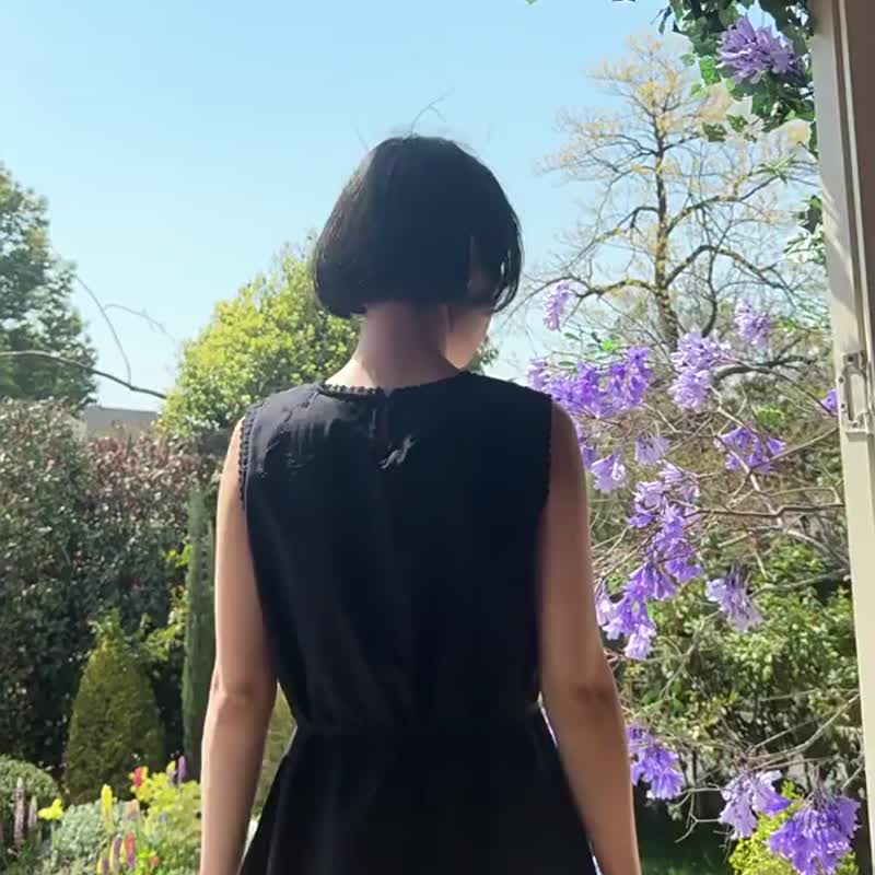 黑色 立體刺繡蕾絲提花洋裝 收腰系帶小黑裙 夏日長裙 - 洋装/连衣裙 - 棉．麻 黑色