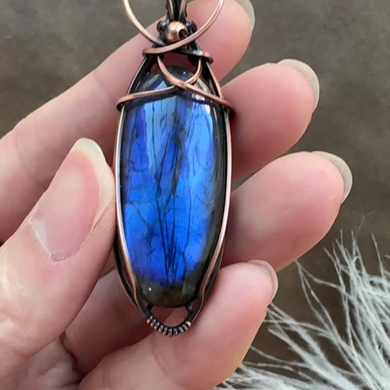 WW296 全手工编织 绕铜线复古做旧 wire wrap 拉长石吊咀 - 项链 - 铜/黄铜 咖啡色