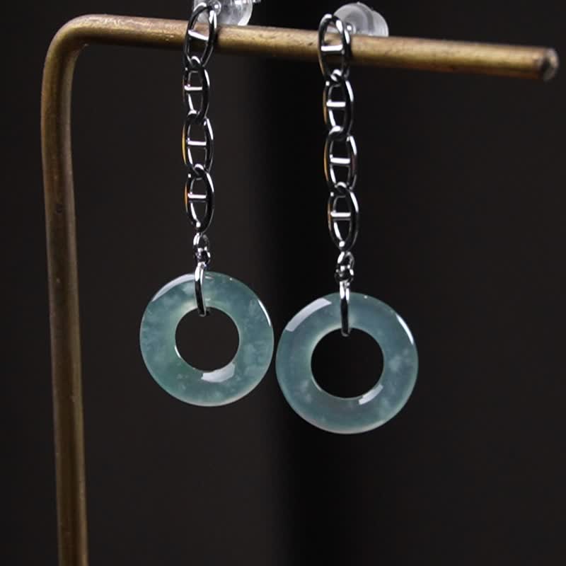 放光玻璃种蓝水翡翠甜甜圈耳环 925纯银 | 天然翡翠A货 | 送礼 - 耳环/耳夹 - 玉石 蓝色