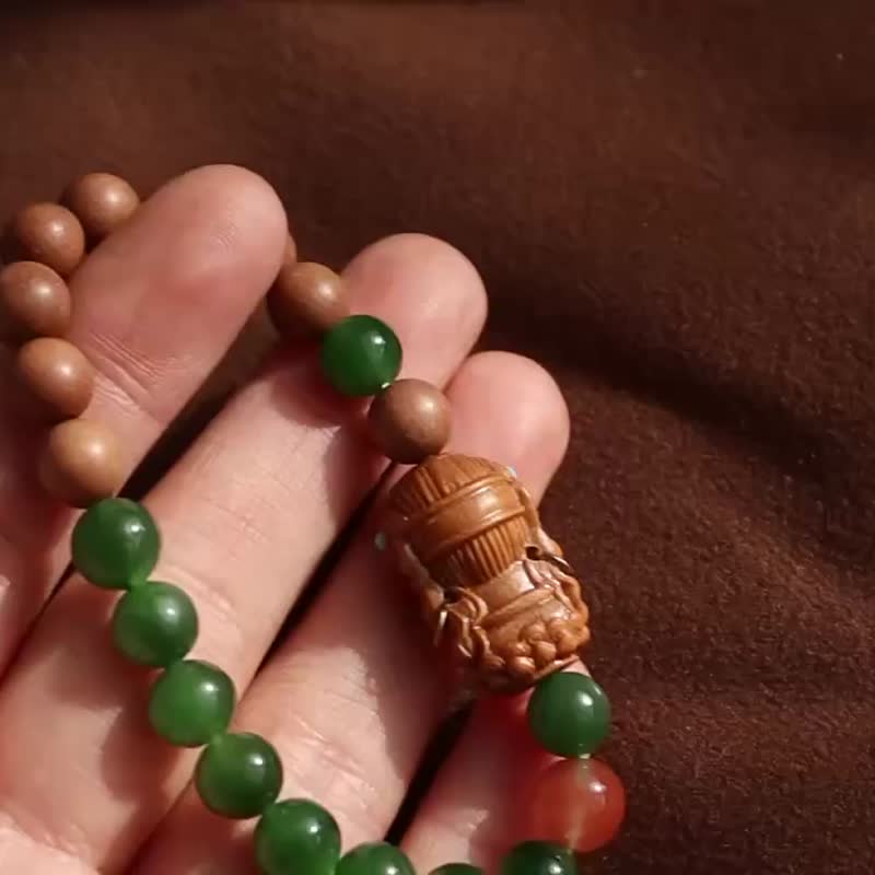天然和田玉碧玉手链 老料菠菜绿搭配檀木度母 文玩手链 节日礼物 - 手链/手环 - 玉石 