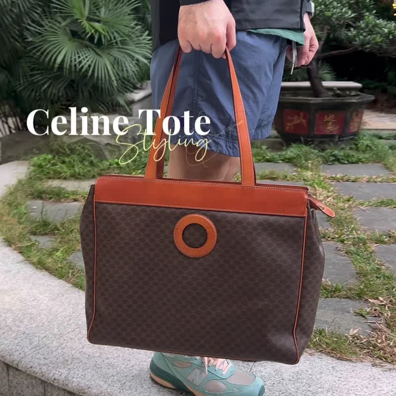中古 Celine 圆环老花双肩包 Tote 电脑包 - 电脑包 - 防水材质 咖啡色