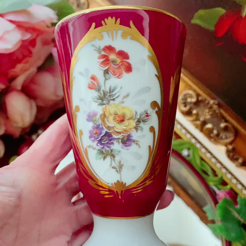 1940年代法国制 Limoges 手绘花卉高脚古董杯 花瓶 库存品完整 - 其他杯子 - 瓷 红色