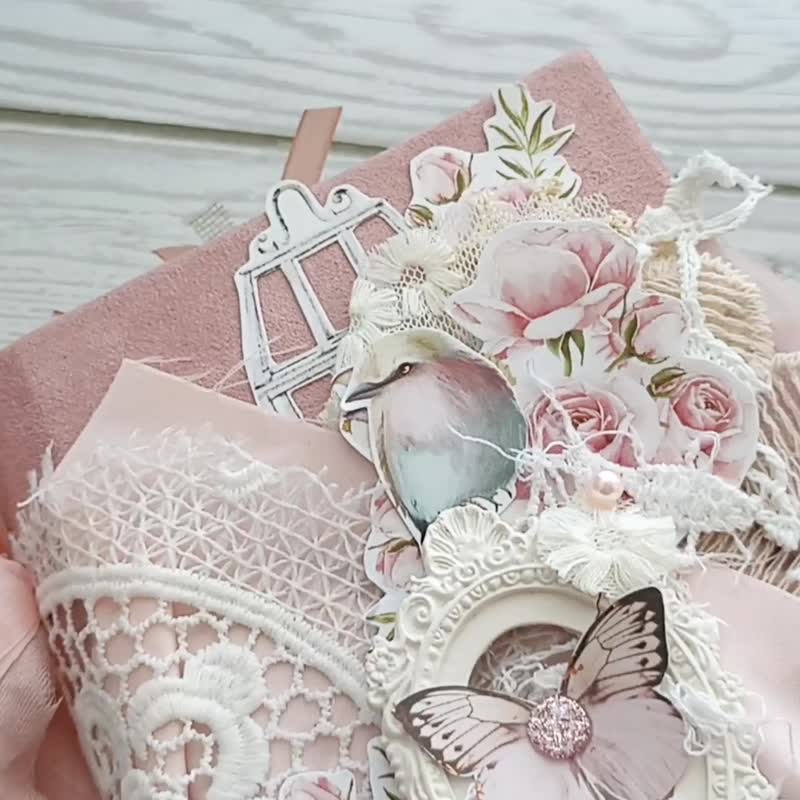 法国垃圾日记本手工大蕾丝玫瑰乳制品日记本优雅 - 笔记本/手帐 - 纸 粉红色