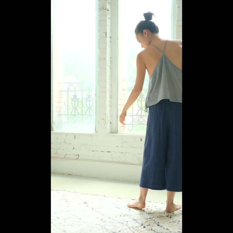 条纹布料宽裤 / 双层纱 深蓝 - 女装长裤 - 棉．麻 蓝色