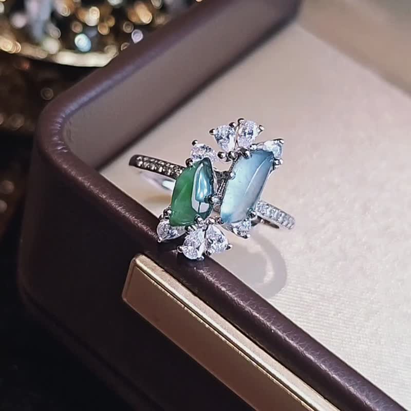 招财|法式浪漫|缅甸A货翡翠冰玻蓝绿随形纯银设计款戒指 - 戒指 - 玉石 