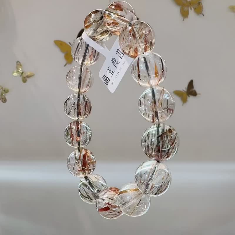 轻透料黑金超水晶15mm大片矿体旺正财招偏财贵人缘带来好运气 - 手链/手环 - 水晶 金色