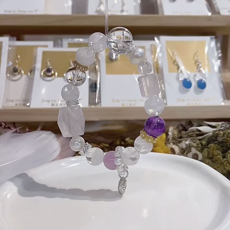 天然白水晶粉晶幽灵半盆白兔毛紫锂辉紫水晶珍珠爱心设计款 - 手链/手环 - 水晶 