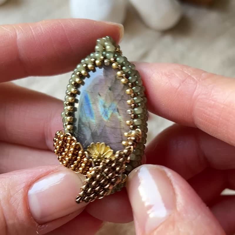 玻璃米珠x天然石 拉长石 串珠吊坠 配宝石链 - 项链 - 水晶 绿色