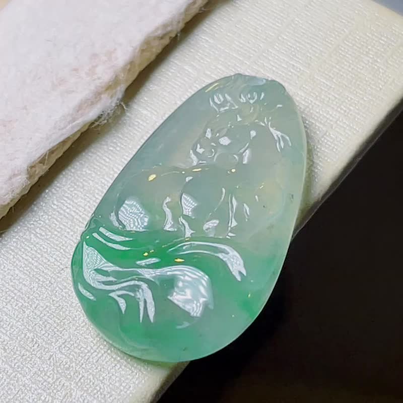 冰种飘绿花翡翠马到成功 | 天然A货翡翠 | 送礼 - 项链 - 玉石 透明