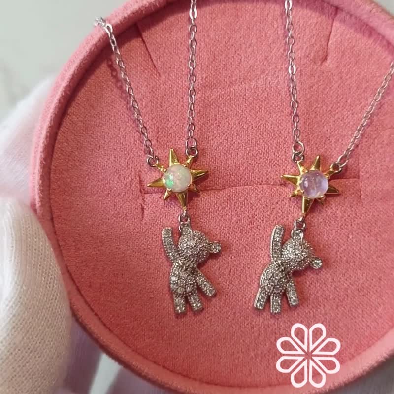 彩虹月光石项链，925 纯银饰框 - 项链 - 纯银 蓝色