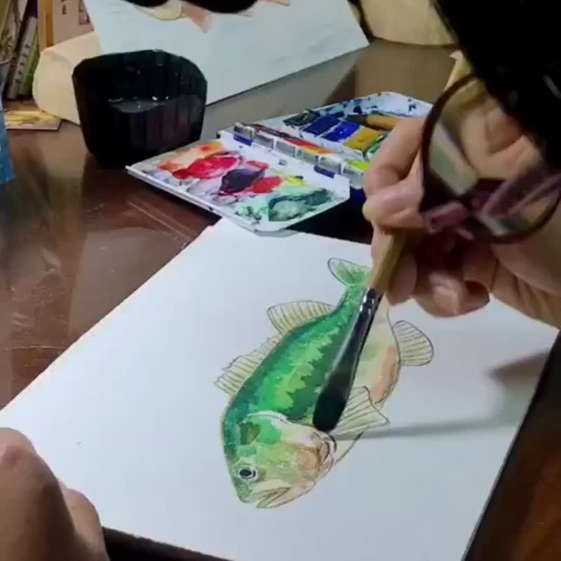 手绘 鱼虾 明信片 陈雯柔 Jindo Lure 联名 卷仔 黑鲈 马口 - 卡片/明信片 - 纸 蓝色