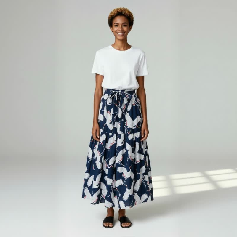 和风鹤纹印花 宝蓝色 荷叶边长裙 垂坠感设计 春夏穿搭 裙摆荷叶边修饰身形 - 裙子 - 棉．麻 蓝色