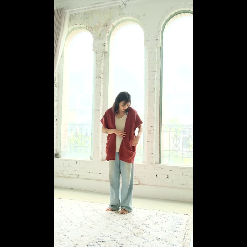 OMAKE 开襟片尾罩衫 / 三层纱 卡其绿 - 女装休闲/机能外套 - 棉 绿色