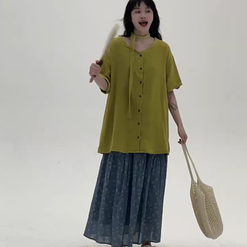 藍色 森林雨季碎花半身裙 韓系復古文藝休閒百搭中長款A字裙 - 裙子 - 棉．麻 蓝色