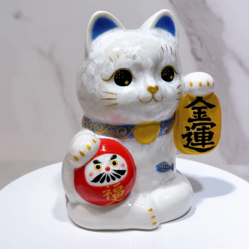 【福运达成】日本清水烧招财猫 | 达摩 花结晶 白 金运 - 摆饰 - 瓷 白色