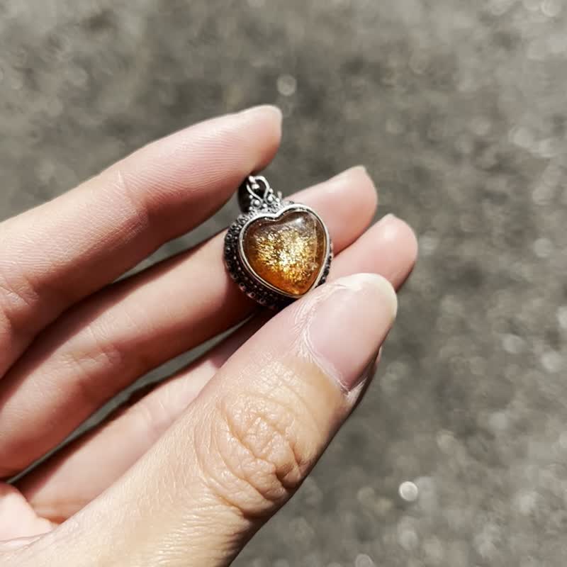 喜迎瑶 925银 金太阳 太阳石 吊坠 爱心 项链 民族风 复古 男女 - 项链 - 水晶 银色