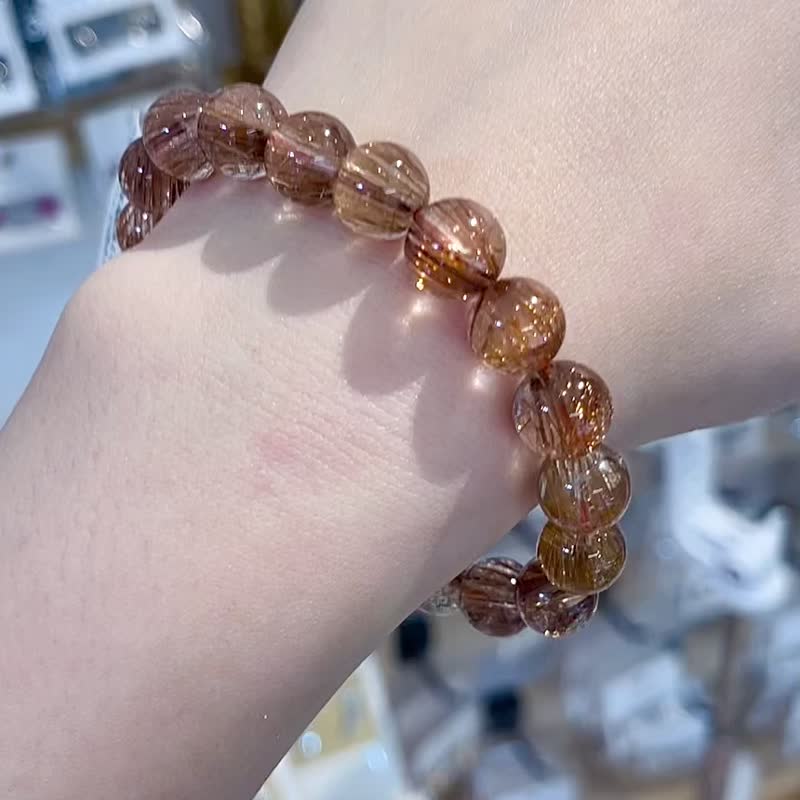精品红铜钛铜发晶10mm辟邪挡煞逢凶化吉化解浊气招财 - 手链/手环 - 水晶 金色