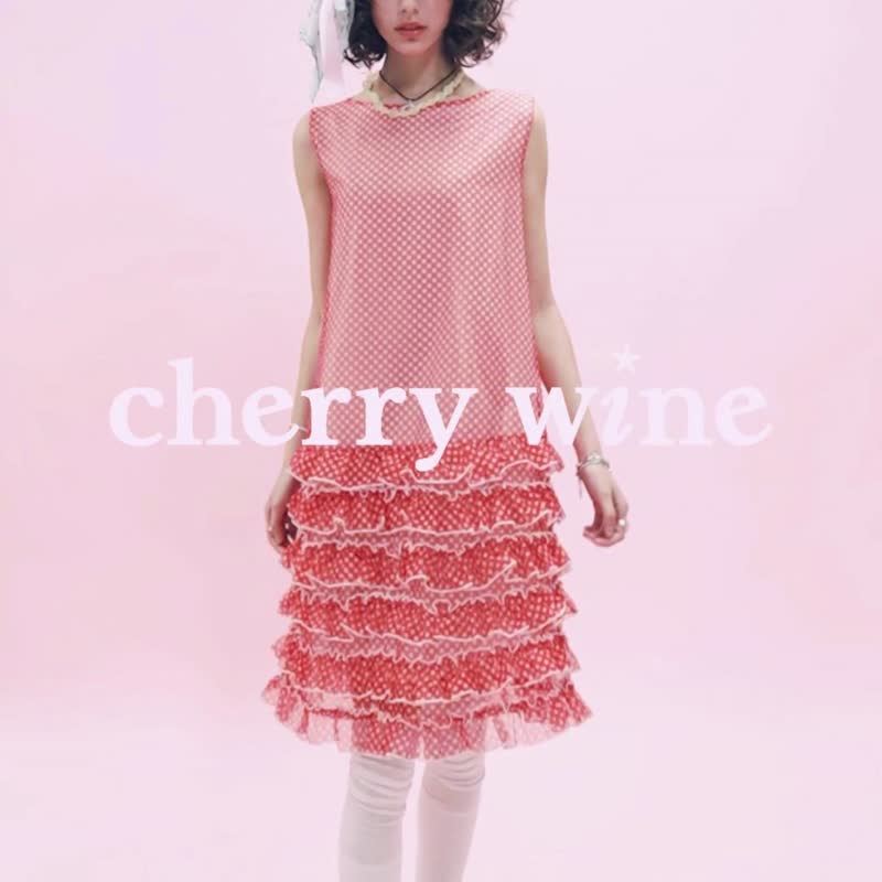 cherrywine Red waves红色海浪背心裙红格子网纱中长款宽松女 - 洋装/连衣裙 - 聚酯纤维 红色