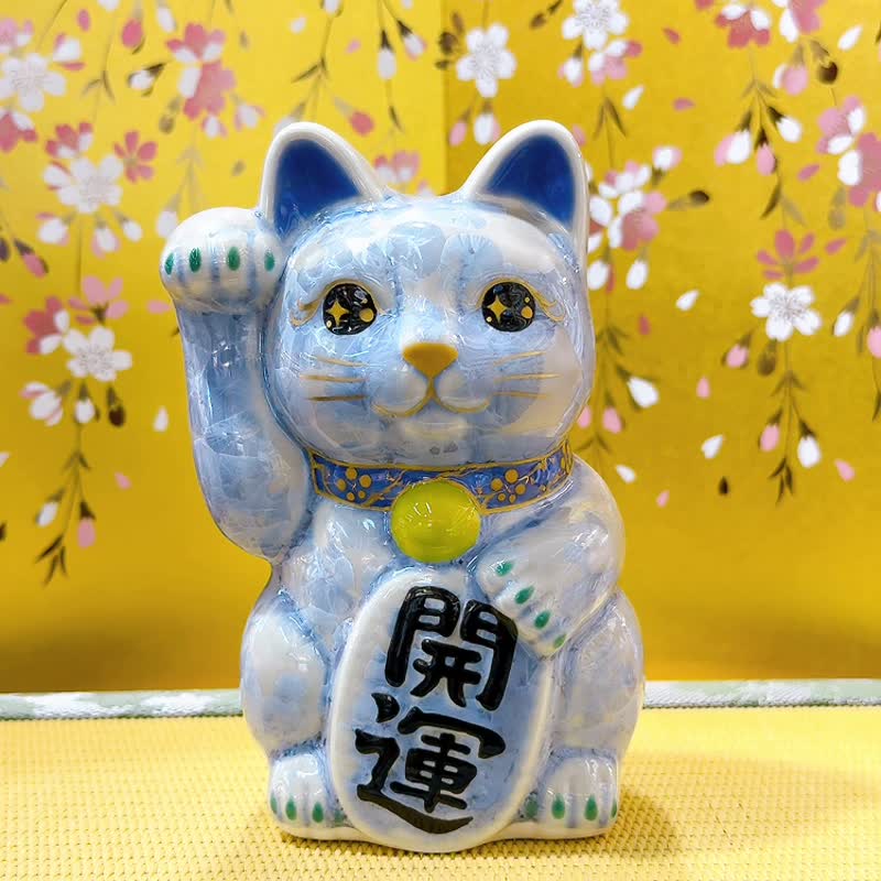【晨藤聚运】日本清水烧招财猫 | 花结晶 - 开运 右 - 摆饰 - 瓷 蓝色