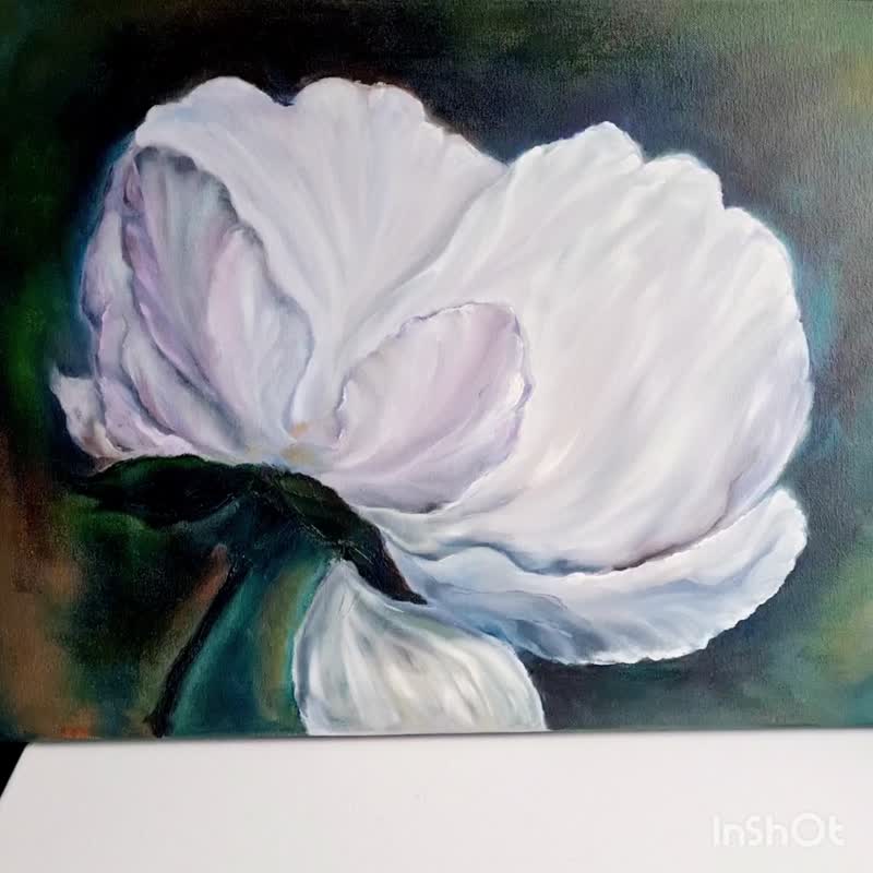 Flower oil painting Large blossom white flower Original camellia art on canvas - 墙贴/壁贴 - 棉 白色