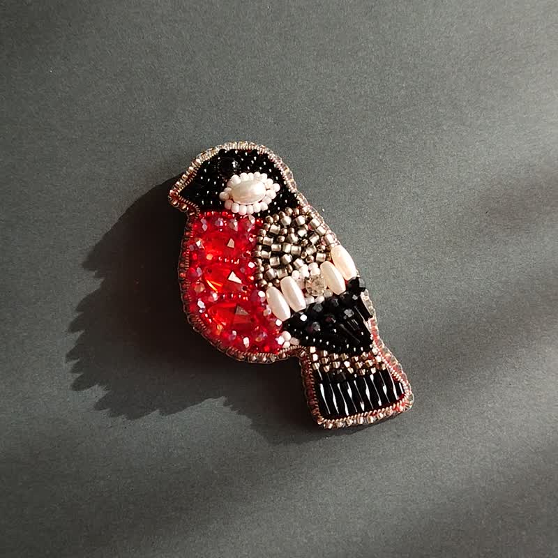 串珠红腹灰雀胸针  圣诞知更鸟胸针  鸟形胸针  红腹灰雀别针 - 胸针 - 玻璃 红色