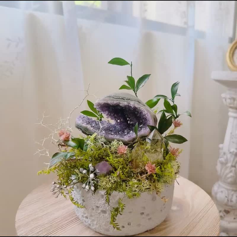 紫水晶洞蚌壳_招财小宝盒 黄水晶柱_不用浇水的天然永生叶材 - 植栽/盆栽 - 水晶 紫色