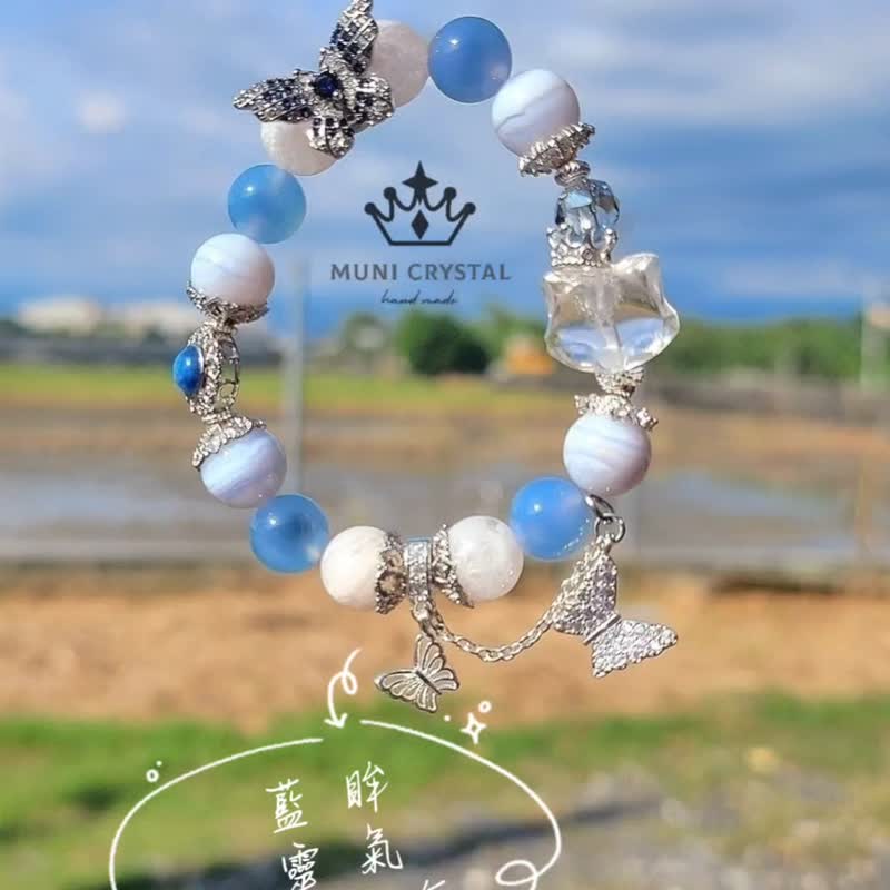。蓝眸。灵气白晶狐蓝白仙气大气设计款手链蓝纹糖心玛瑙白幽灵 - 手链/手环 - 水晶 蓝色