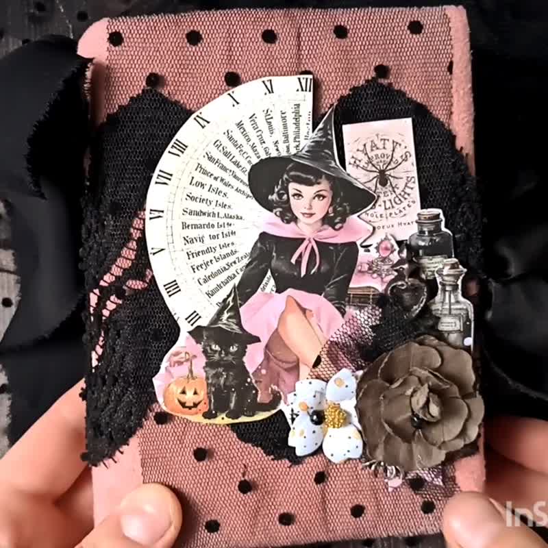 迷人的女巫杂货手帐，手工制作，粉色歌德风格，魔法书笔记本，咒语 - 笔记本/手帐 - 纸 黑色