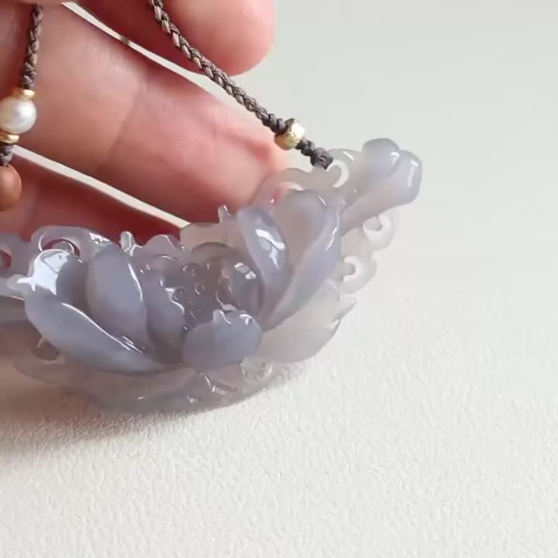 天然冰底烟紫和田玉吊坠项链 纯手工雕刻花开富贵脂份细腻 七夕 - 项链 - 玉石 