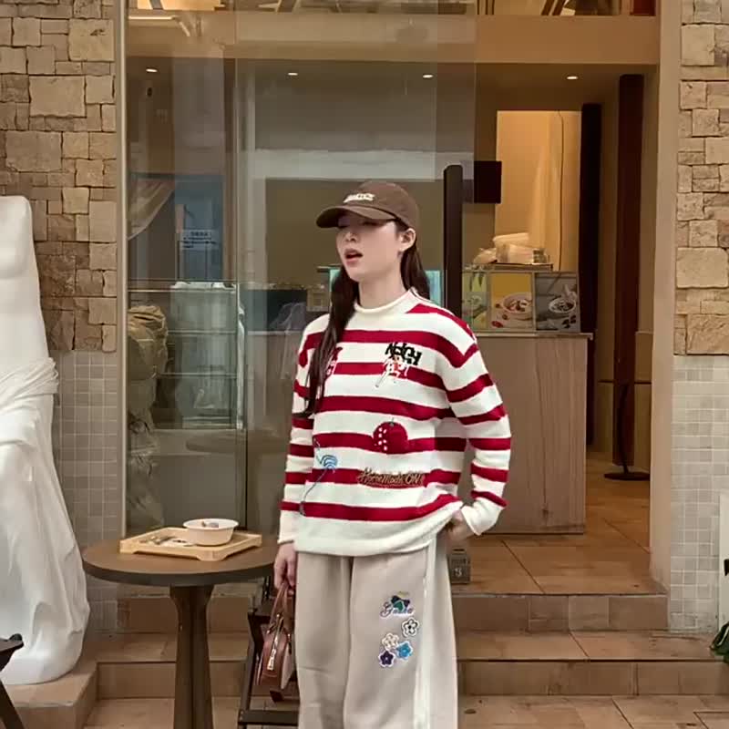 情侣刺绣圣诞针织衫 马年跨年衣服红白撞色条纹毛衣 - 男装针织衫/毛衣 - 棉 