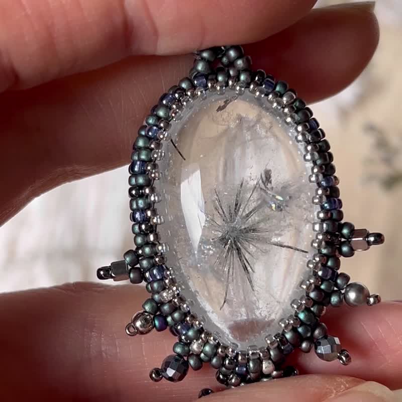 异像水晶 海胆发晶 蓝磷灰 中性几何 串珠 钛钢 吊坠颈链 - 项链 - 水晶 黑色